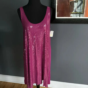 RN Convertible fuschia stretch jersey knit sequin front flowy tank midi. NWT. Sm